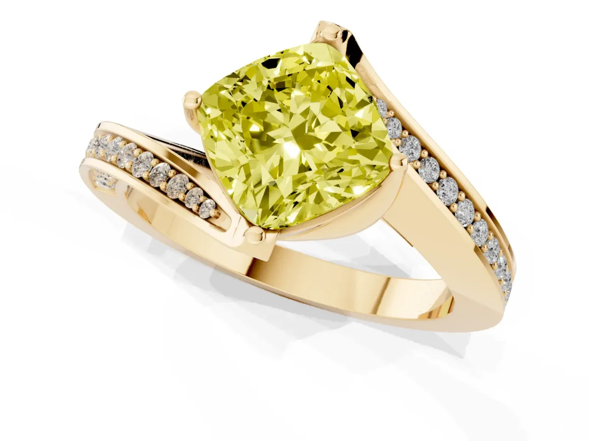Fancy Yellow Cushion Cut Solitaire Diamond Twist Band with Pavé Setting and Four-Prong Setting Yellow gold