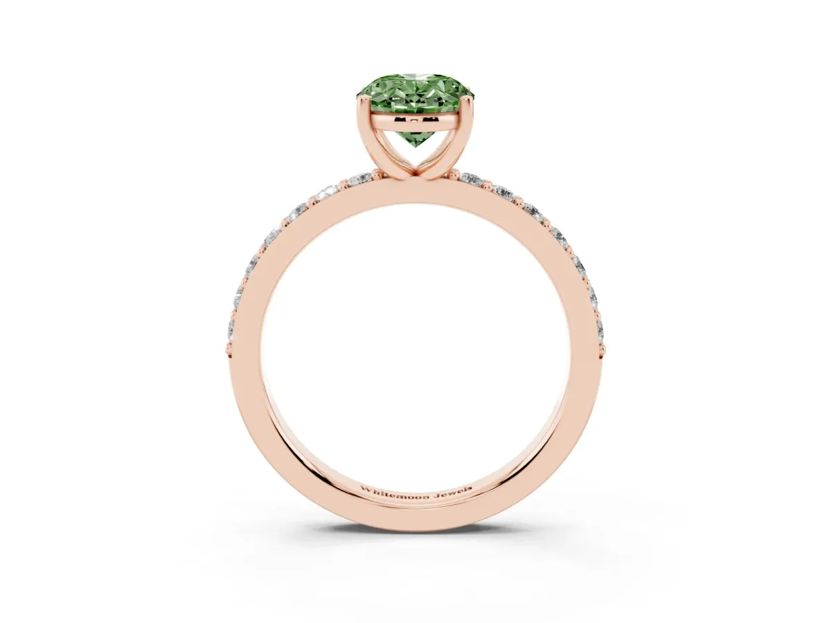 Fancy Green Oval Cut Cut Diamond Solitaire with Pave Band and Four-Prong Setting Rose gold