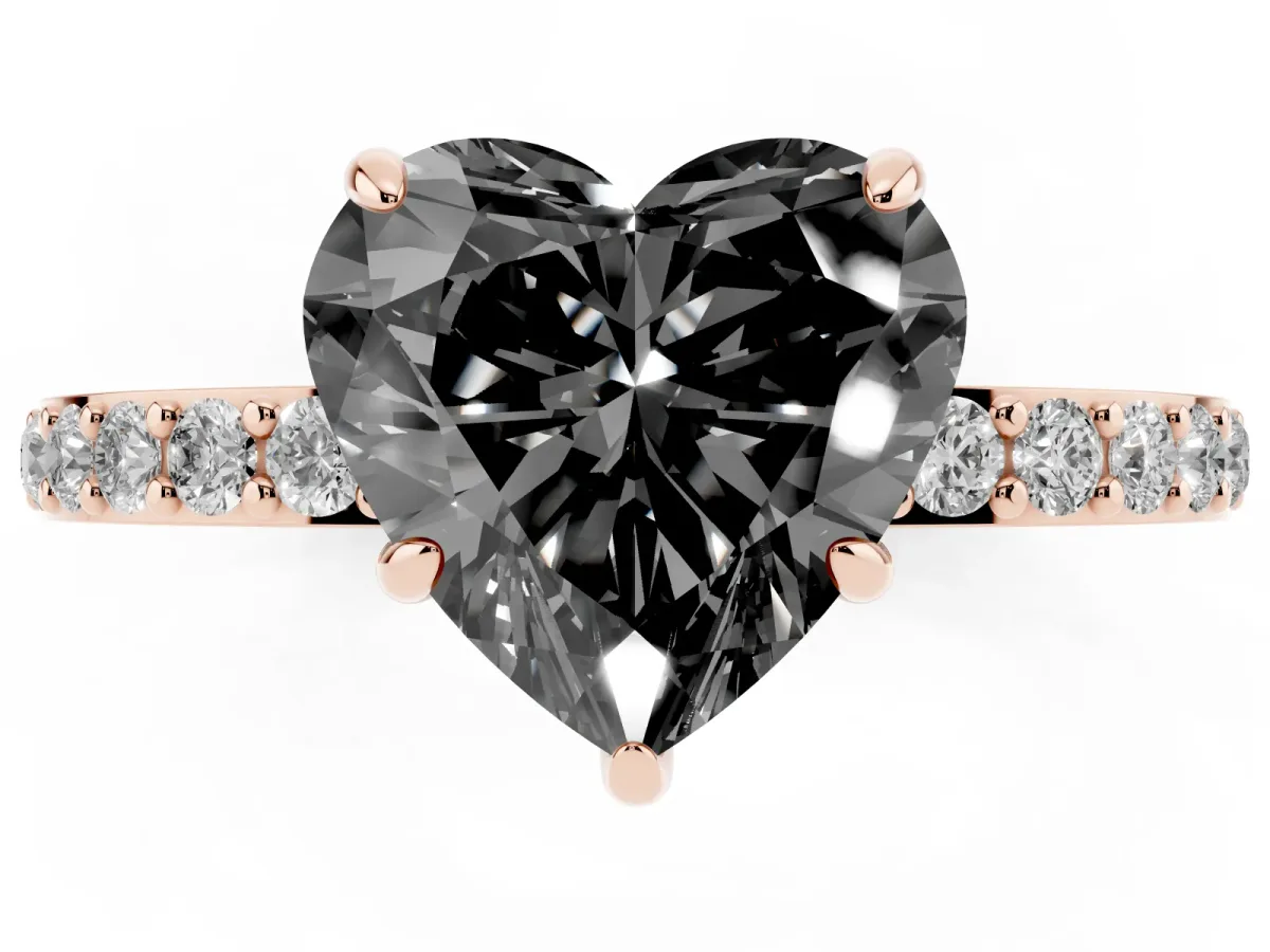 Fancy Black Heart Cut Diamond Pavé Engagement Ring with Round Accents and Prong Setting Rose gold