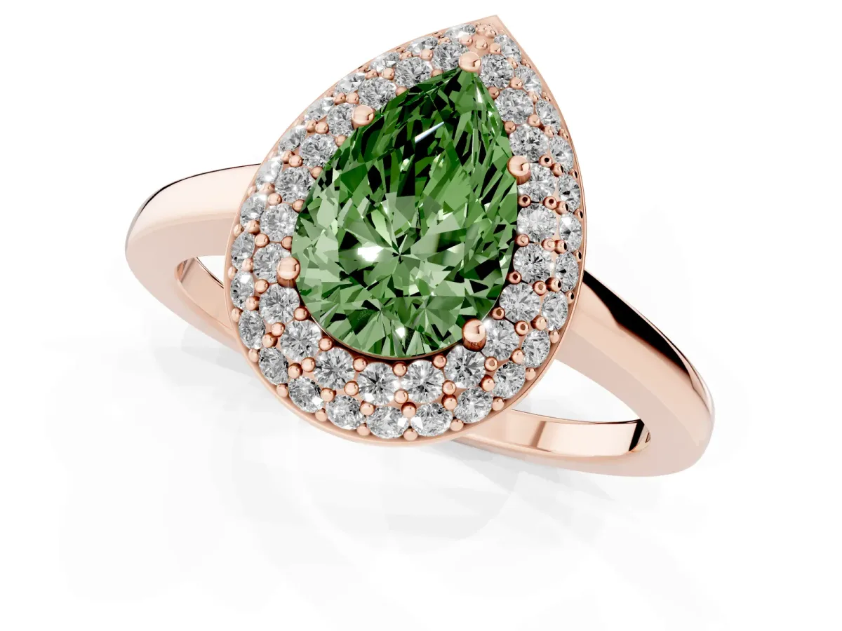Fancy Green Pear Cut Halo Diamond Engagement Ring with Solitaire Band and Four-Prong Setting Rose gold