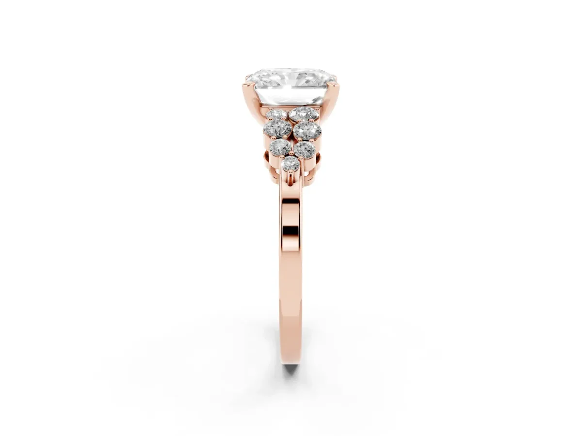 Radiant Cut Cluster Diamond Engagement Ring with Pavé Band and Four-Prong Setting Rose gold
