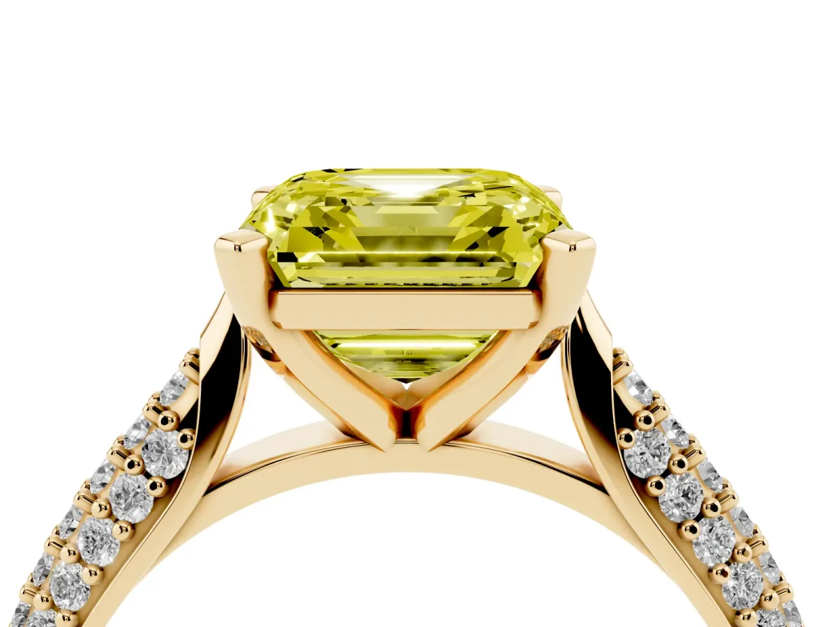 Fancy Yellow Asscher Cut Diamond Solitaire Engagement Ring with Multi-Row Round Pavé Band and Prong Setting Yellow gold