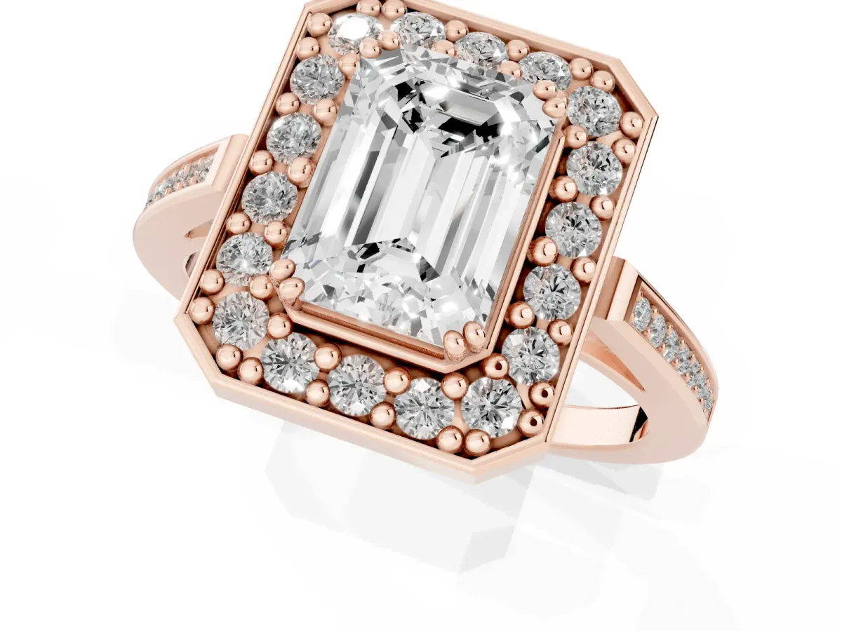 Emerald Cut Diamond Halo Ring with Split Shank and Four-Prong Setting Rose gold