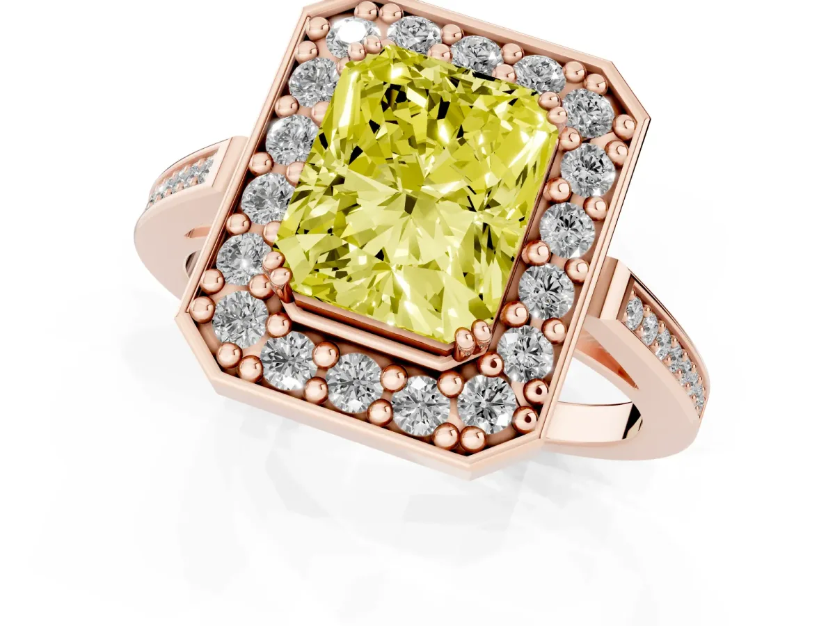 Fancy Yellow Radiant Cut Diamond Halo Ring with Split Shank and Four-Prong Setting Rose gold
