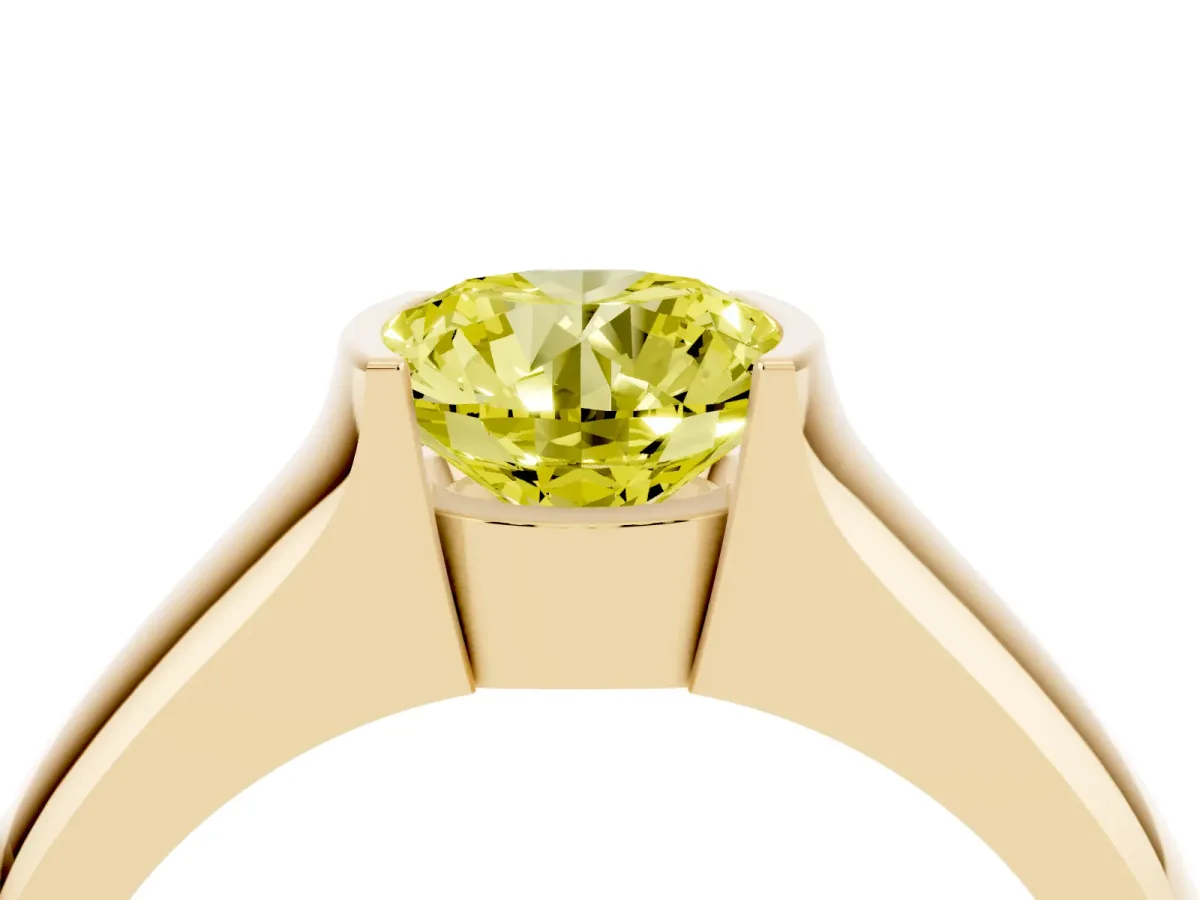Fancy Yellow Round Cut Solitaire Bezel Set Diamond Ring with Wide Band Yellow gold