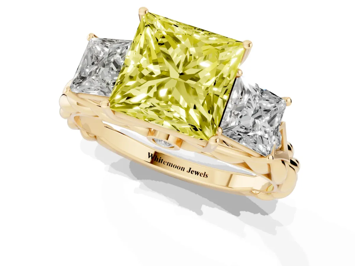 Fancy Yellow Three-Stone Princess Cut Diamond Braided Band Ring with Four-Prong Setting Yellow gold