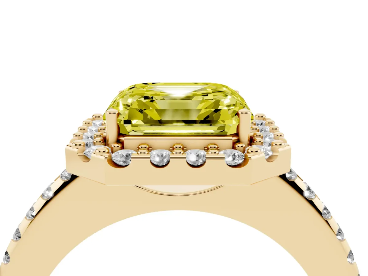 Fancy Yellow Asscher Cut Diamond Pavé Halo Ring with Four-Prong Setting Yellow gold