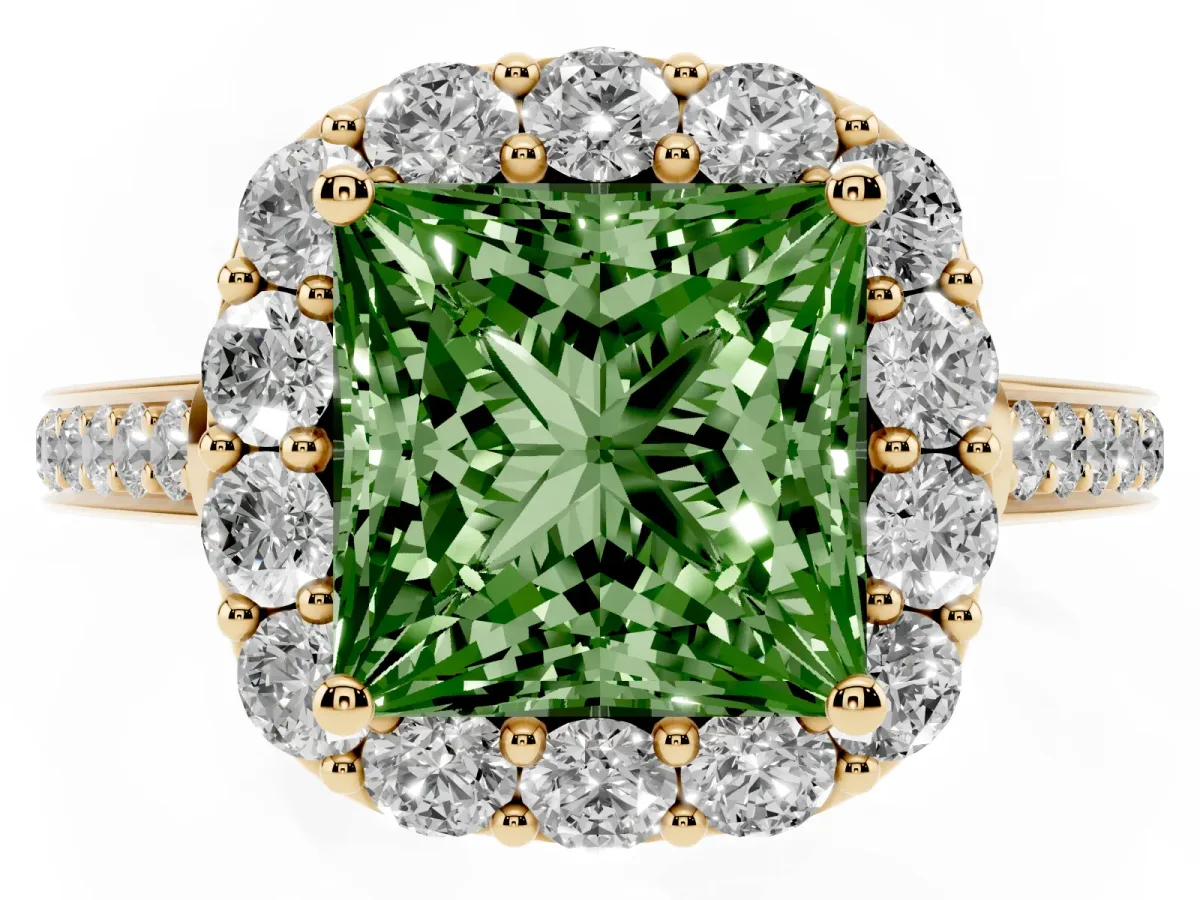 Fancy Green Princess Cut Diamond Floral Halo Ring with Pavé Band and Prong Setting Yellow gold