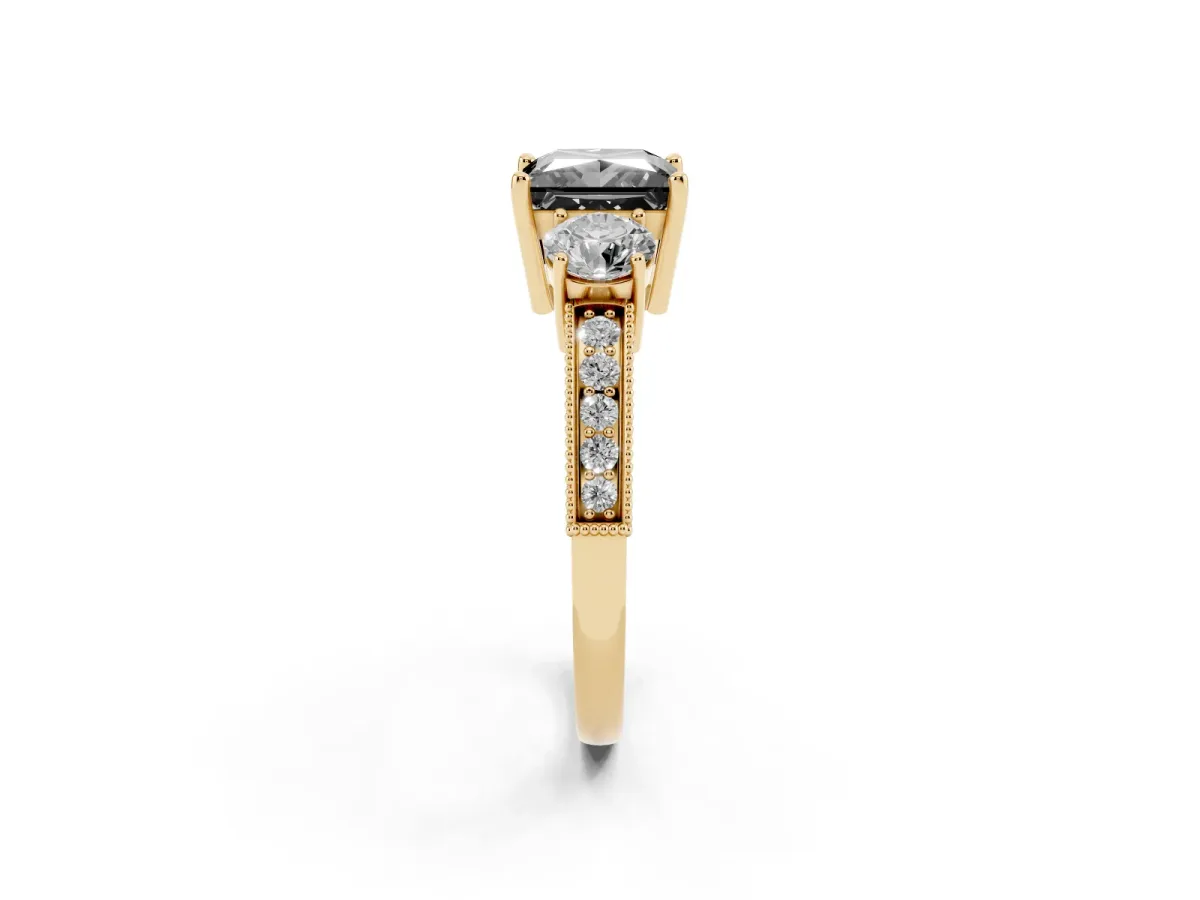Fancy Black Princess Cut Three-Stone Diamond Ring with Pavé Band and Four-Prong Setting Yellow gold