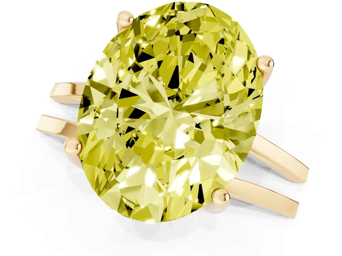 Fancy Yellow Oval Cut Cut Diamond Solitaire Engagement Ring with Tapered Plain Band and Four-Prong Setting Yellow gold