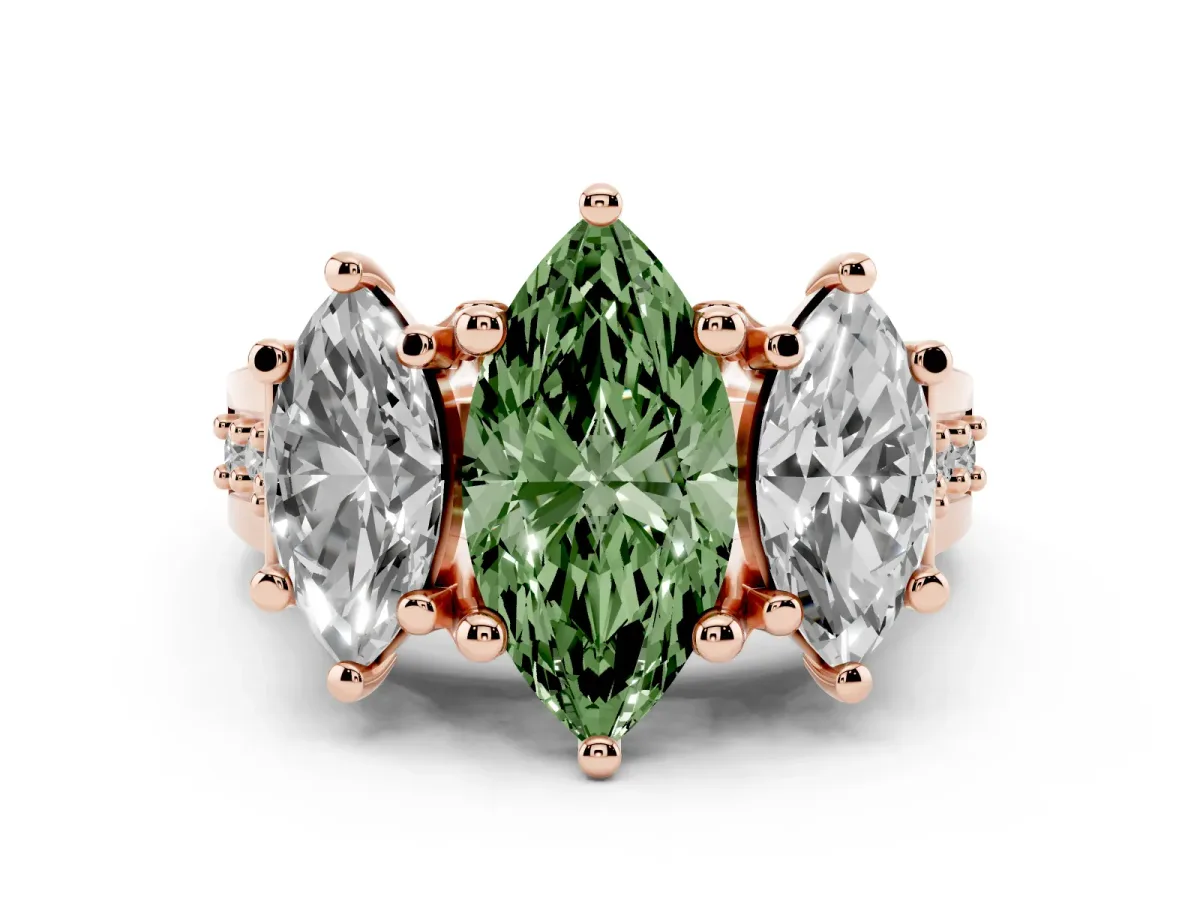 Fancy Green Marquise Cut Diamond Three-Stone Ring with Channel Set Band and Four-Prong Setting Rose gold
