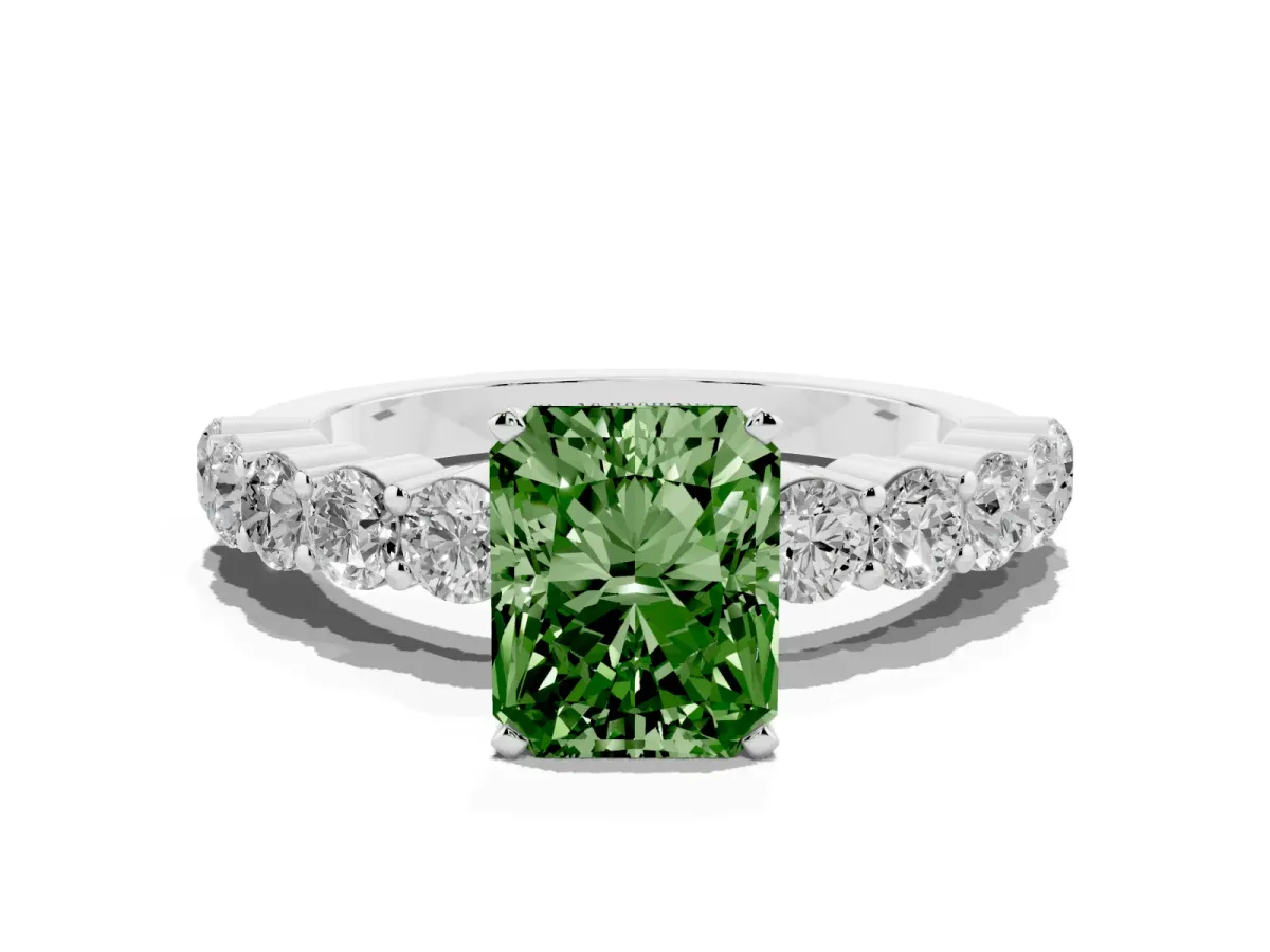 Fancy Green Radiant Cut Diamond Solitaire Ring with Shared Prong Round Side Stones Silver