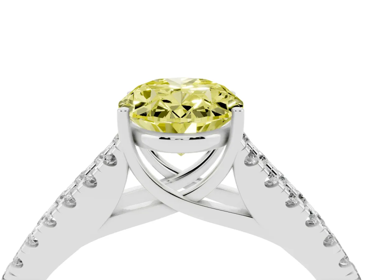 Fancy Yellow Oval Cut Diamond Split Shank Pavé Engagement Ring with Four-Prong Setting White gold