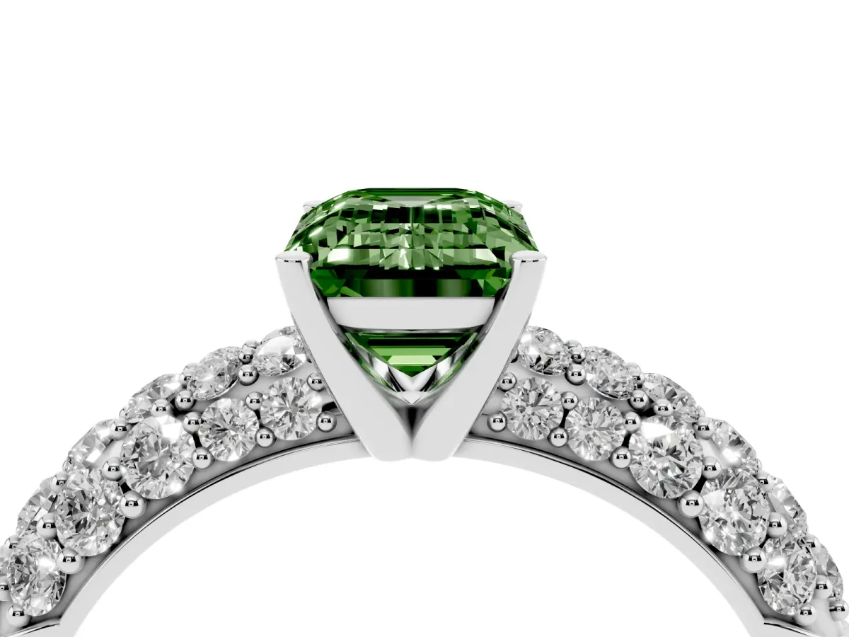 Fancy Green Emerald Cut Diamond Pavé Band Solitaire Ring with Four-Prong Setting Silver