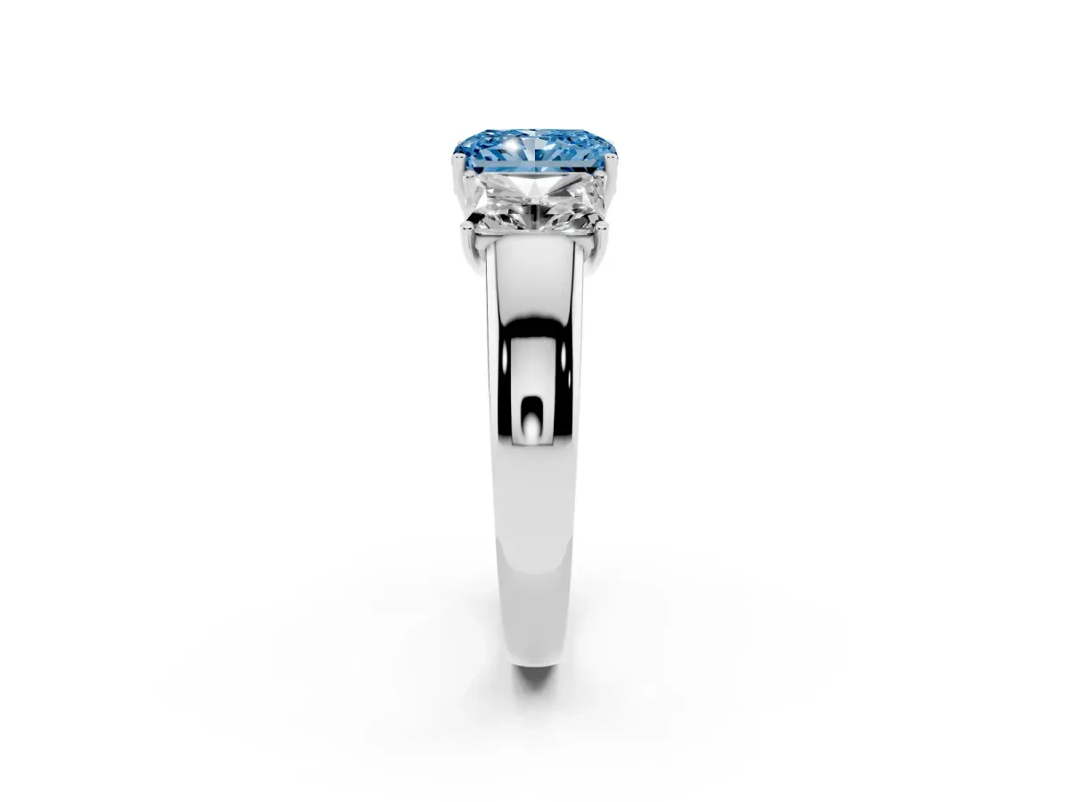 Fancy Blue Three-Stone Radiant Cut Cut Diamond Ring with Prong Setting and Classic Band Silver