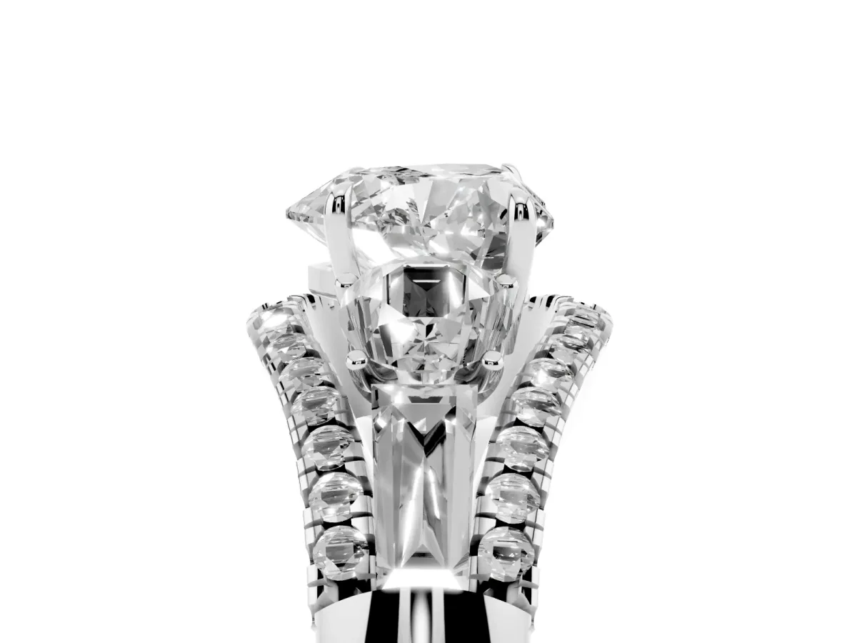 Three-Stone Heart Cut Diamond Engagement Ring with Pave Band and Prong Setting Silver