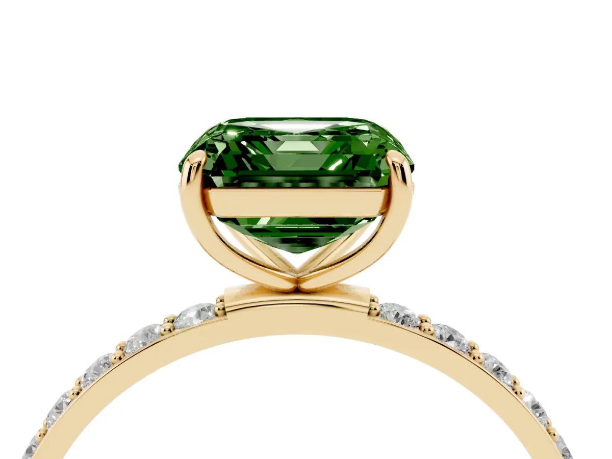 Fancy Green Asscher Cut Diamond Solitaire Ring with Round Pavé Shoulders and Prong Setting Yellow gold