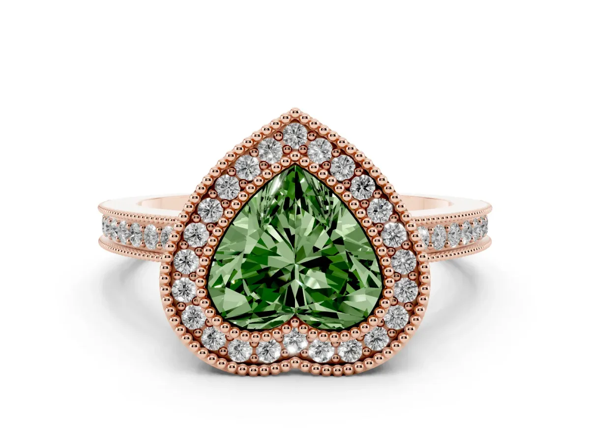 Fancy Green Heart Cut Cut Halo Diamond Ring with Pavé Band and Milgrain Prong Setting Rose gold