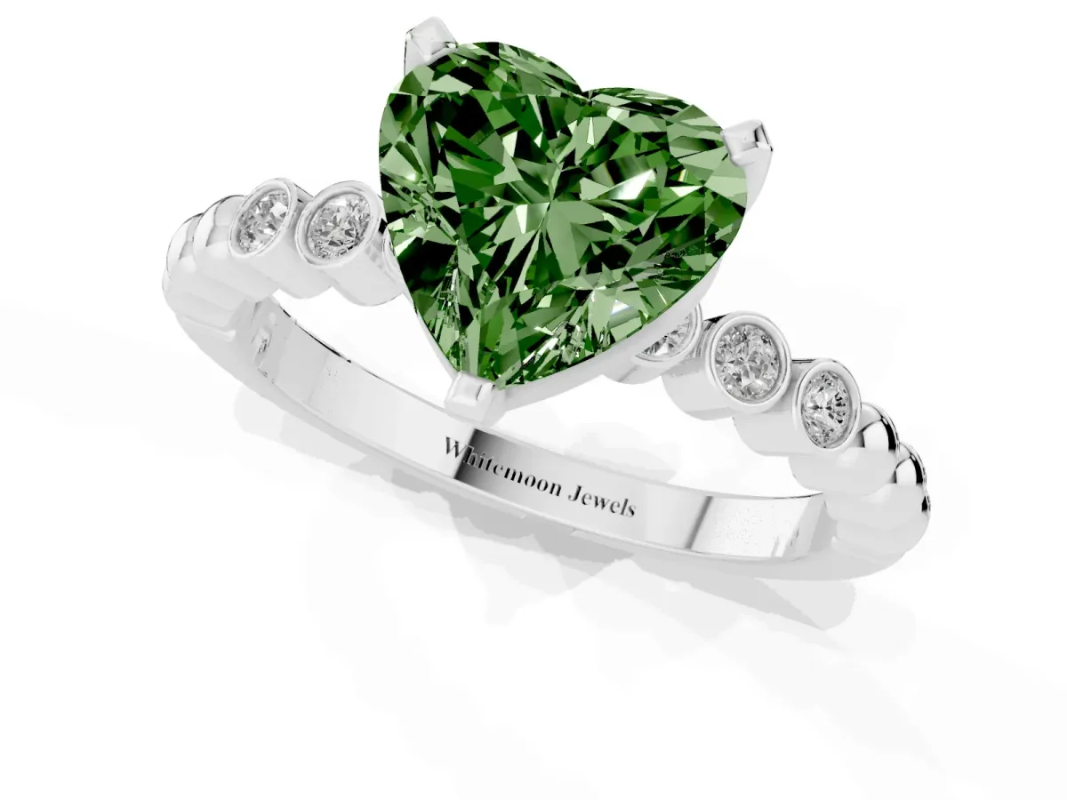 Fancy Green Heart Cut Solitaire Bezel Accent Diamond Engagement Ring with Beaded Band and Four-Prong Setting Silver