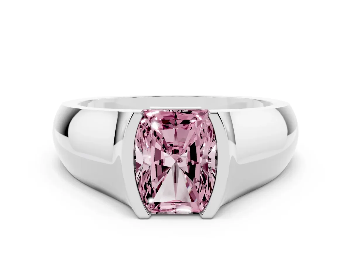 Fancy Pink Radiant Cut Solitaire Bezel Set Diamond Ring with Wide Band Silver
