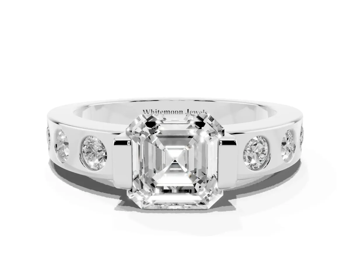 Asscher Cut Brilliant Channel-Set Diamond Ring with Bezel Prong Setting Silver