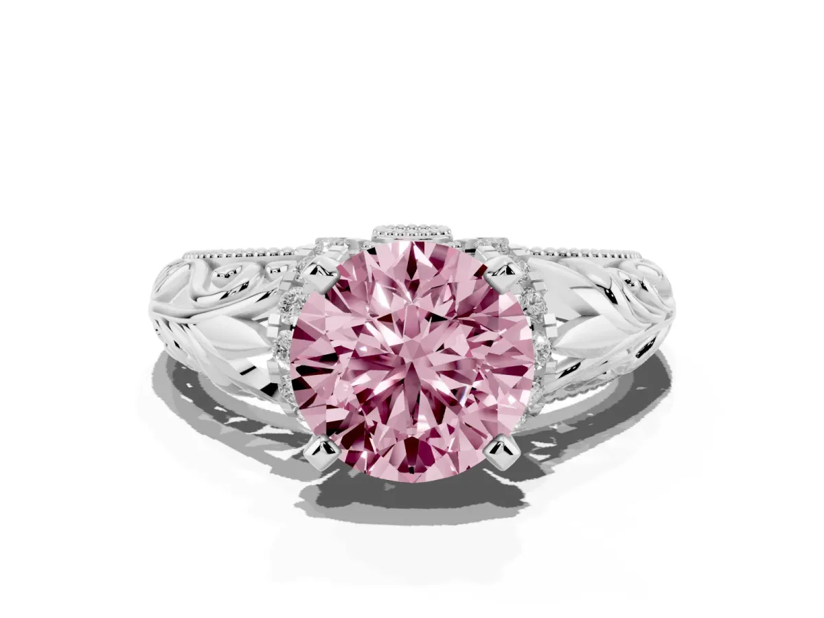 Fancy Pink Round Cut Solitaire Filigree Engagement Ring with Halo and Prong Setting Platinum