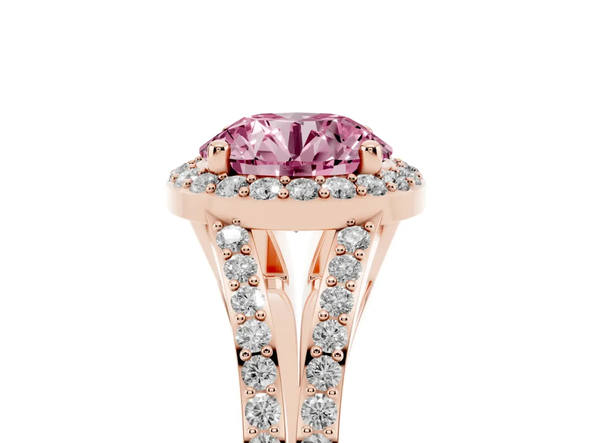Fancy Pink Round Cut Halo Split Shank Pave Diamond Ring with Four-Prong Setting Rose gold