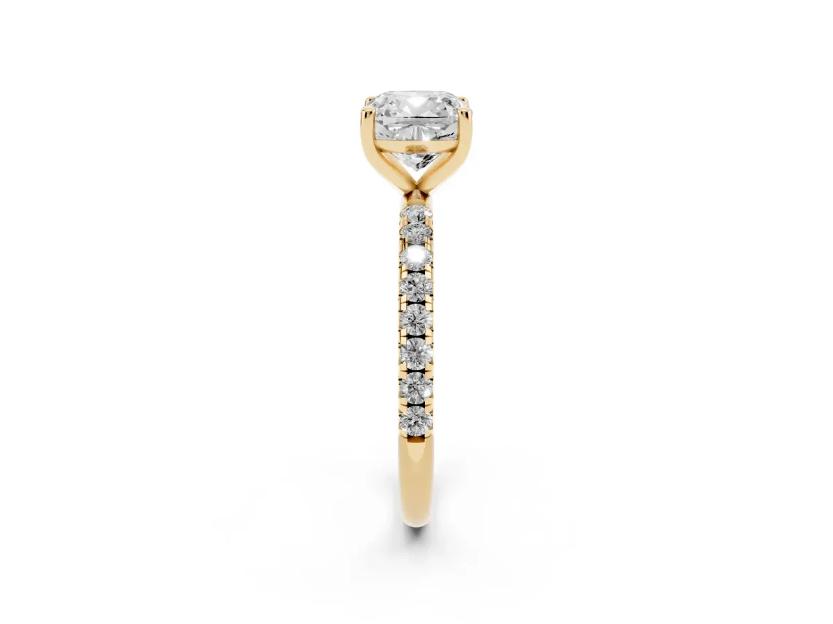 Cushion Cut Cut Diamond Solitaire Ring with Micro Pave Band and Four Prong Setting Yellow gold