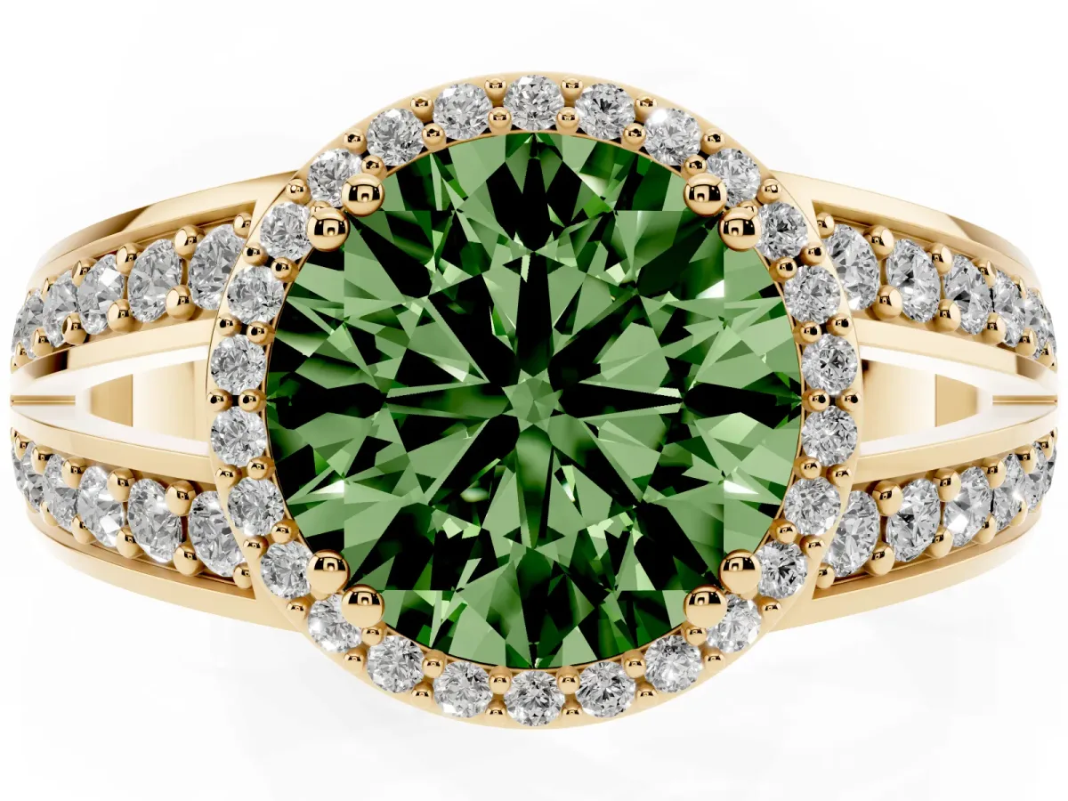 Fancy Green Round Cut Diamond Halo Ring with Split Shank Pavé Band and Four-Prong Setting Yellow gold