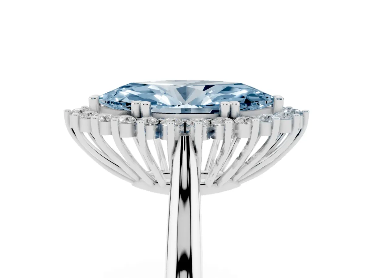 Fancy Blue Marquise Cut Cut Diamond Halo Ring with Solitaire Band and Prong Setting Silver