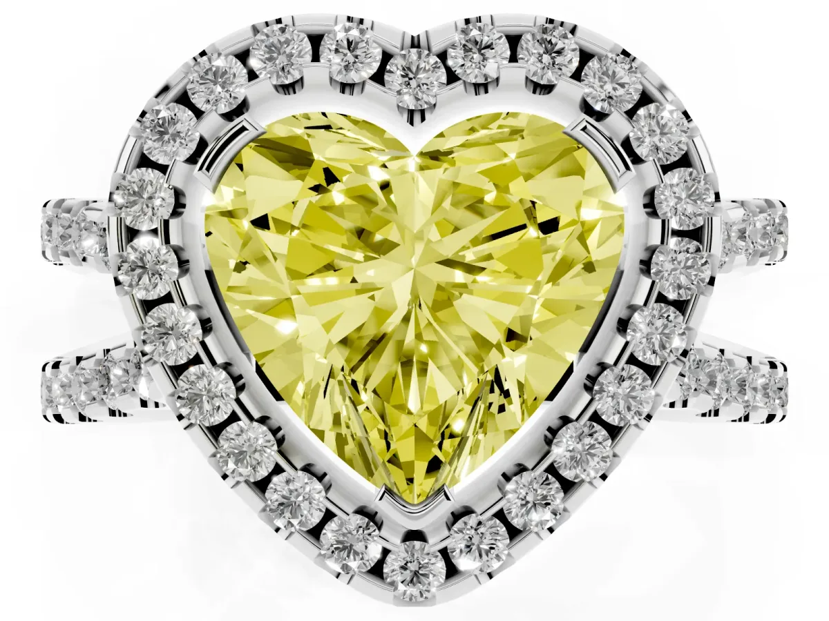 Fancy Yellow Heart Cut Diamond Halo Ring with Split Shank Pavé Band and Prong Setting Silver