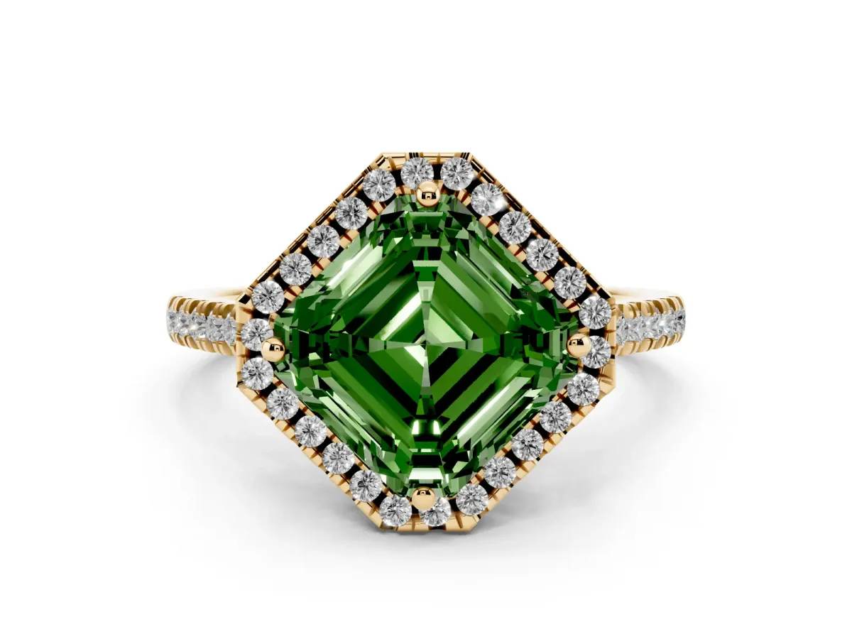 Fancy Green Asscher Cut Diamond Cushion Halo Ring with Pavé Band Yellow gold