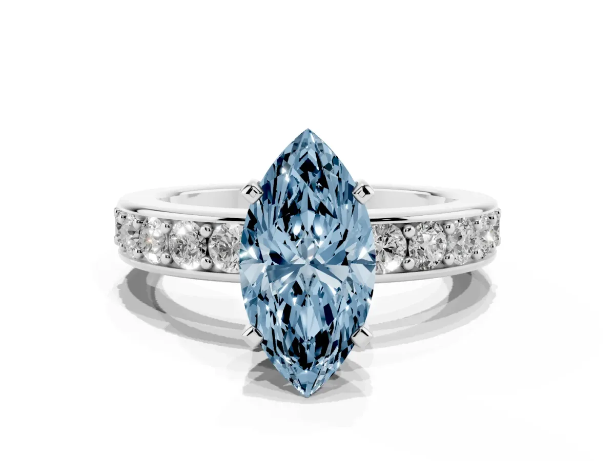 Fancy Blue Marquise Cut Diamond Engagement Ring with Channel Set Round Band and Prong Setting Platinum