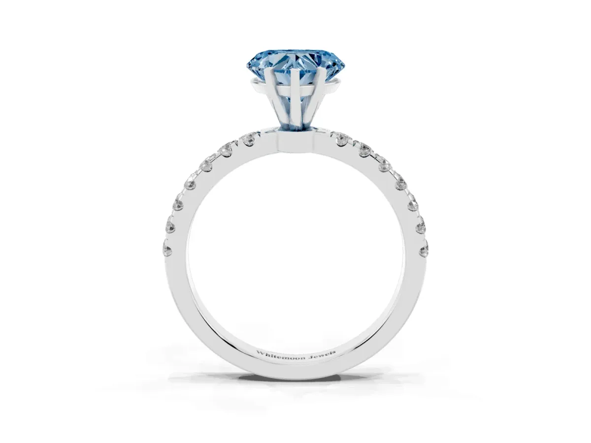 Fancy Blue Heart Cut Diamond Solitaire Ring with Pavé Accents and Four-Prong Setting Silver