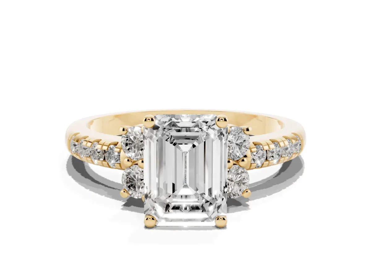 Emerald Cut Diamond Three-Stone Pave Band with Four-Prong Setting Yellow gold