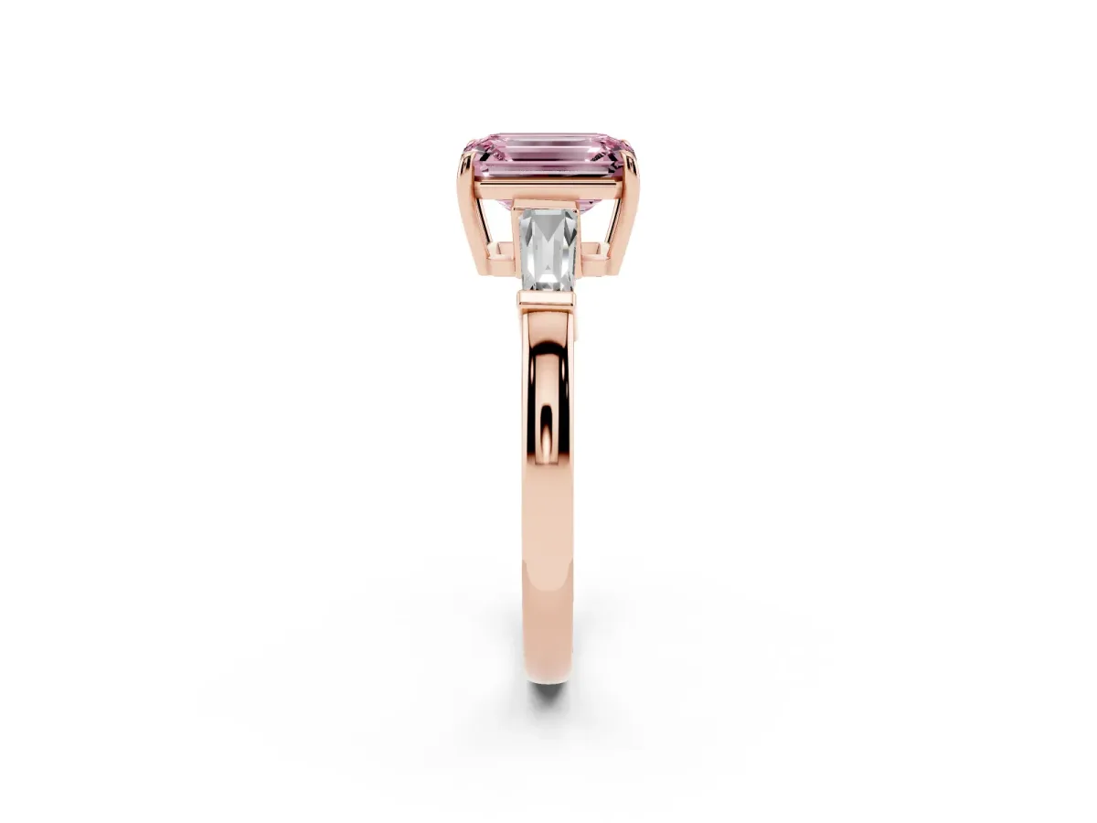 Fancy Pink Emerald Cut Diamond Three-Stone Ring with Tapered Baguette Side Stones and Prong Setting Rose gold