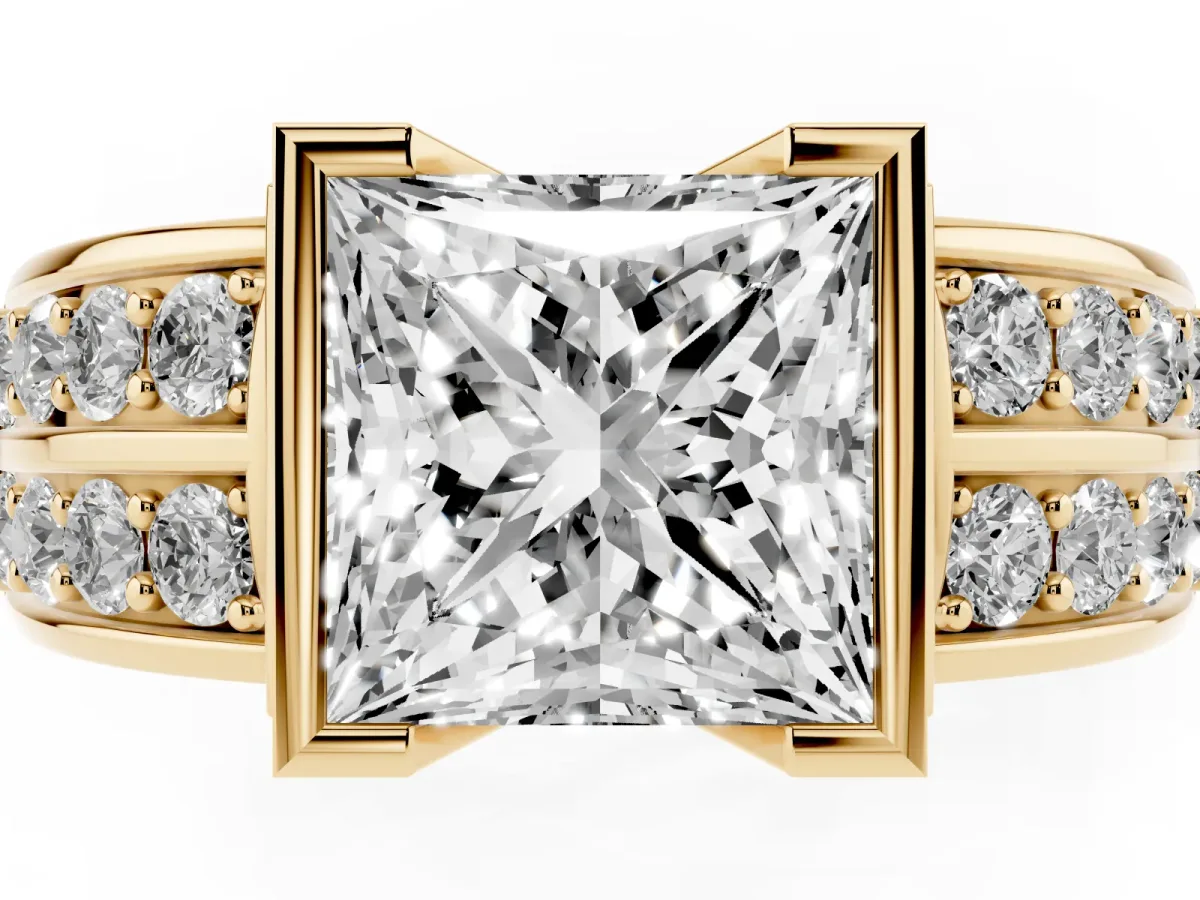 Princess Cut Brilliant Diamond Channel Set Wide Band Ring with Bezel Setting Yellow gold
