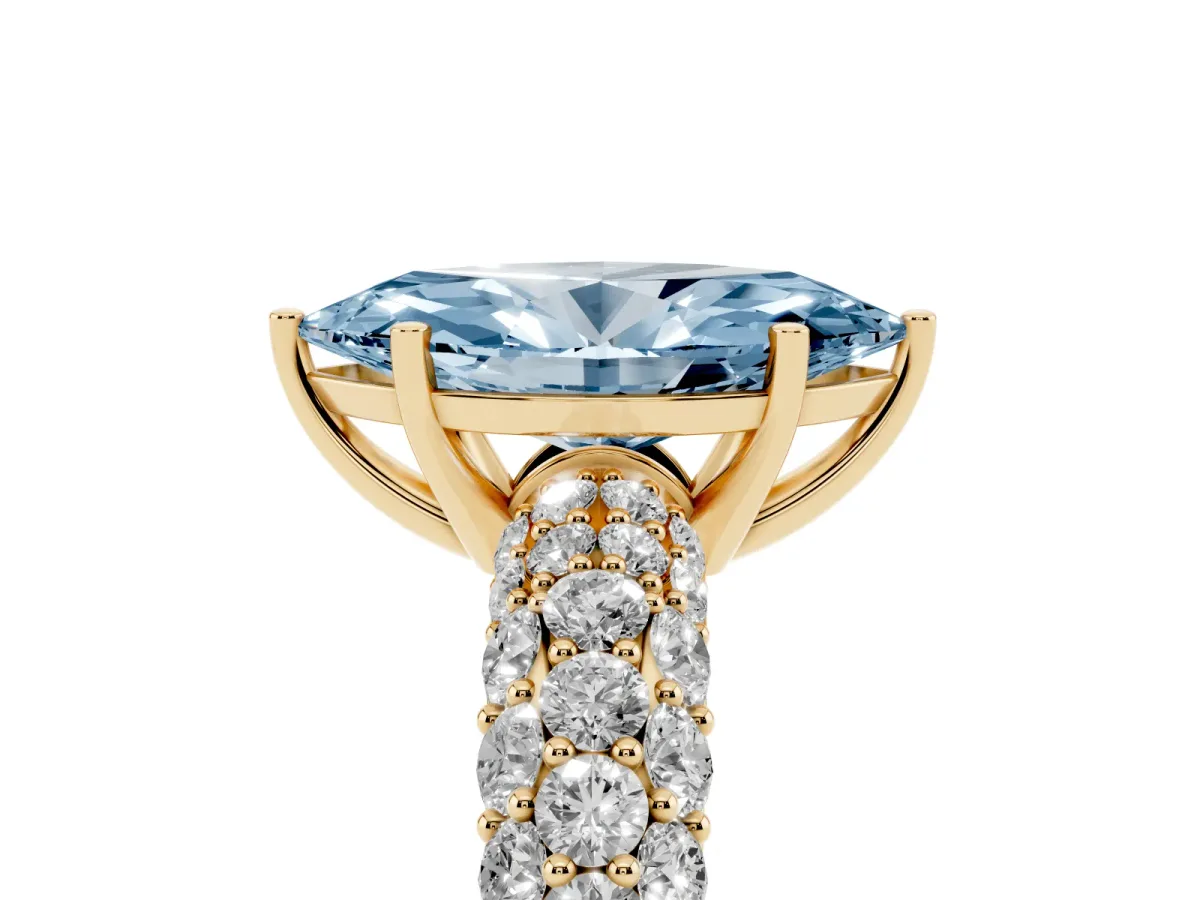 Fancy Blue Marquise Cut Diamond Pavé Band Solitaire Ring with Four-Prong Setting Yellow gold