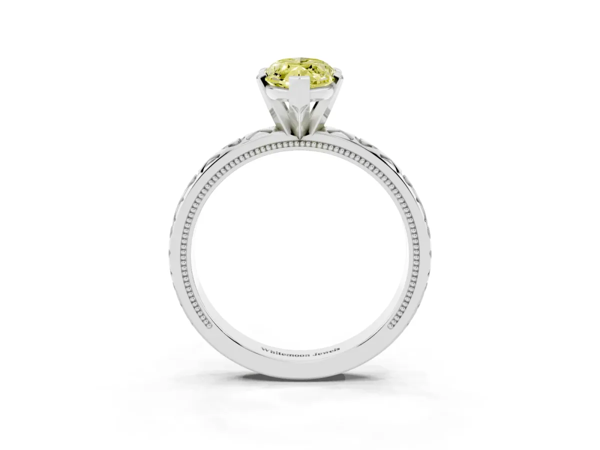 Fancy Yellow Marquise Cut Solitaire Diamond Engagement Ring with XO Engraved Band and Four-Prong Setting White gold