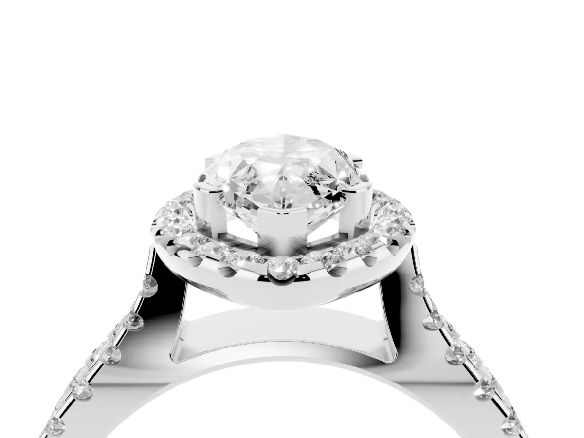 Marquise Cut Diamond Halo Ring with Split Shank Pavé Band and Prong Setting Silver