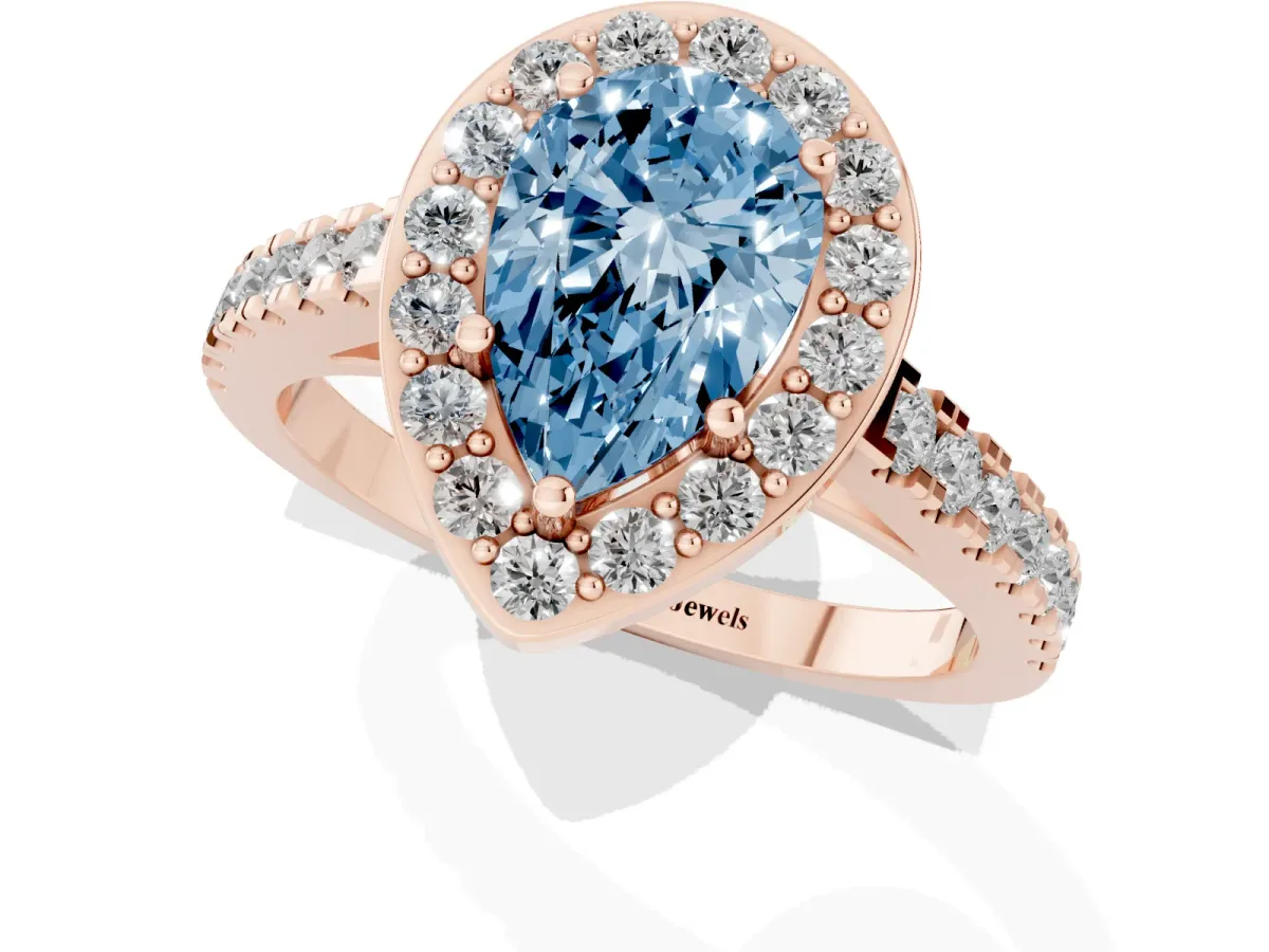 Fancy Blue Pear Cut Diamond Halo Ring with Round Pavé Split Shank and Prong Setting Rose gold