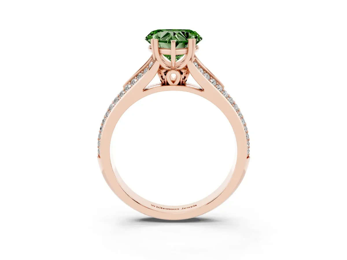 Fancy Green Heart Cut Diamond Split Shank Engagement Ring with Pavé Band Rose gold