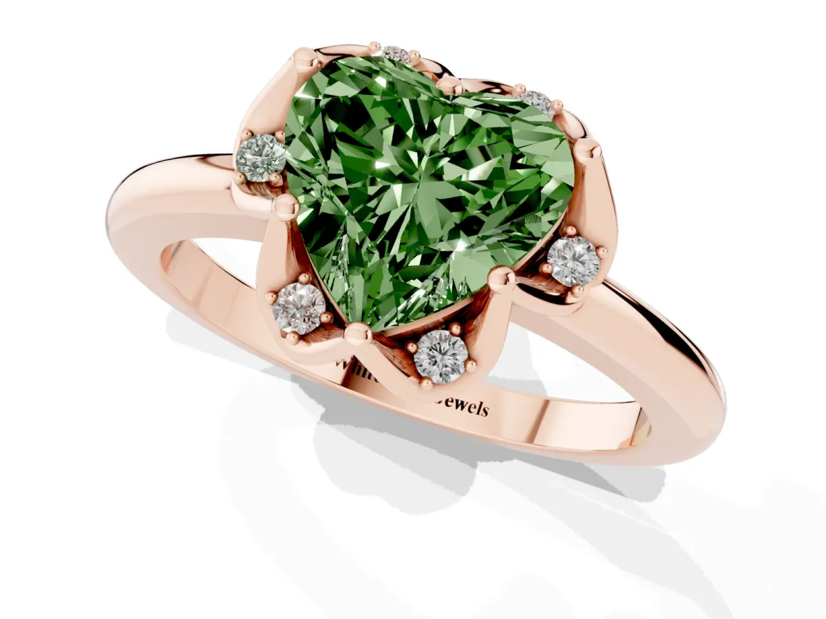 Fancy Green Heart Cut Halo Diamond Ring with Round Cluster Setting, Solitaire Band, and Four-Prong Setting Rose gold