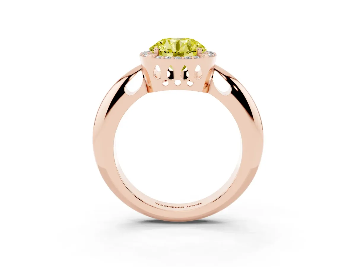 Fancy Yellow Round Cut Cut Diamond Halo Engagement Ring with Split Shank and Four-Prong Setting Rose gold