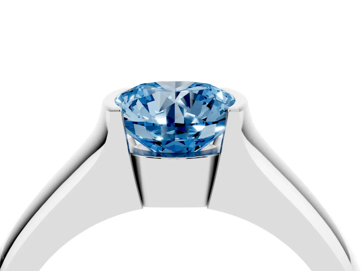 Fancy Blue Round Cut Solitaire Bezel Set Diamond Ring with Wide Band Silver