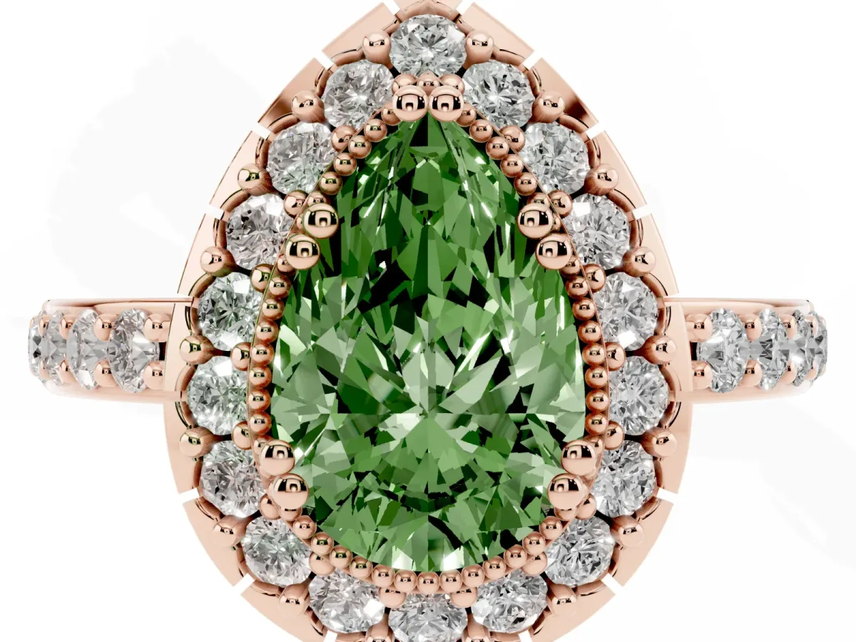 Fancy Green Pear Cut Diamond Halo Ring with Pavé Band and Prong Setting Rose gold