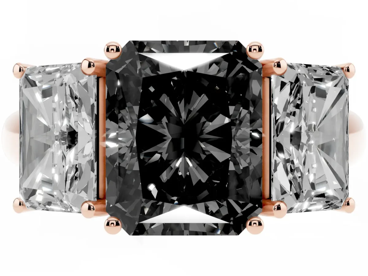 Fancy Black Three-Stone Radiant Cut Diamond Engagement Ring with Prong Setting Rose gold