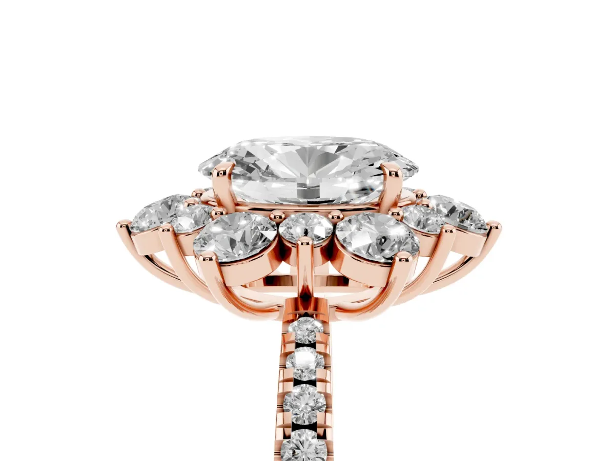 Oval Cut Diamond Floral Halo Ring with Round Pavé Band and Prong Setting Rose gold