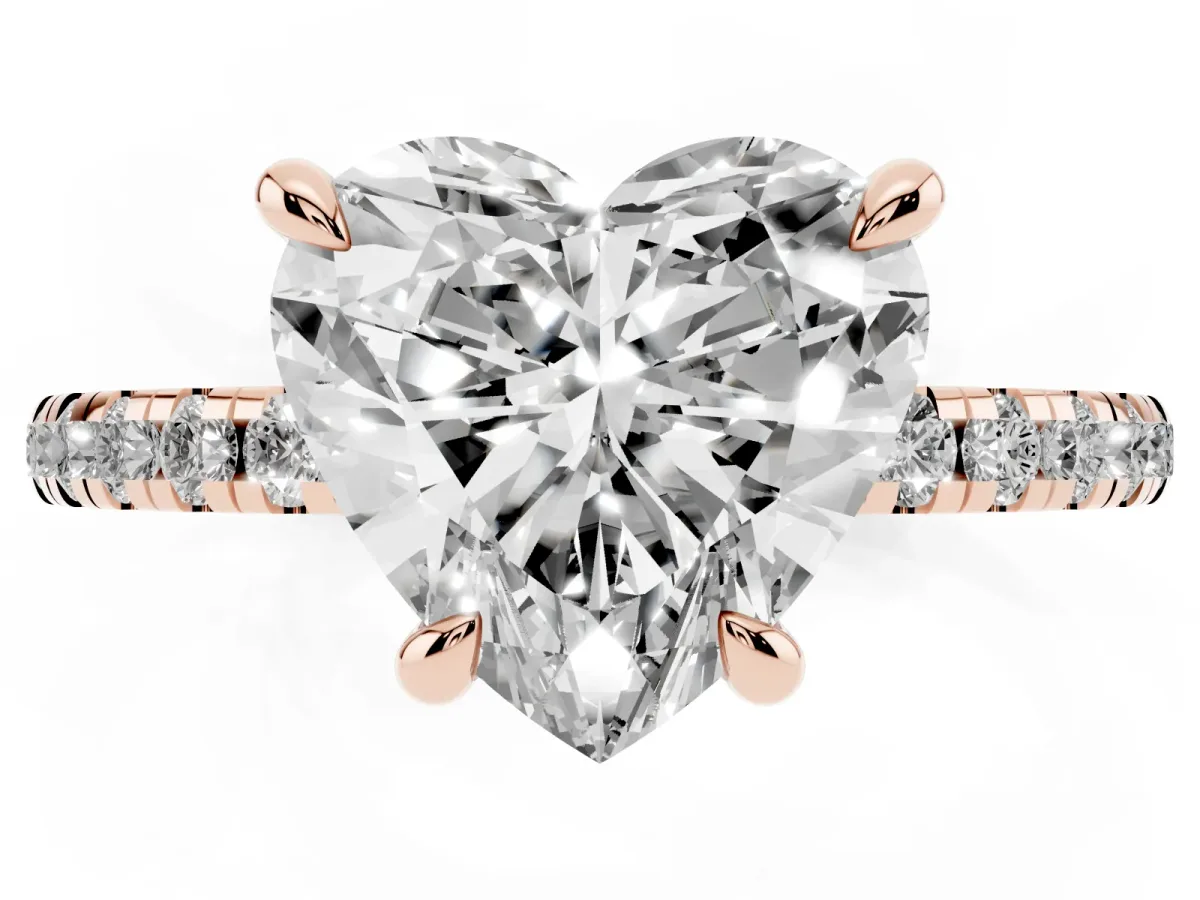 Heart Cut Diamond Brilliant Solitaire Ring with Pavé Band and Four-Prong Setting Rose gold