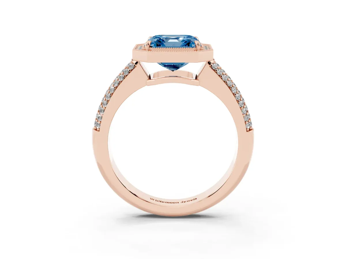 Fancy Blue Asscher Cut Cut Halo Diamond Pave Band with Four-Prong Setting Rose gold
